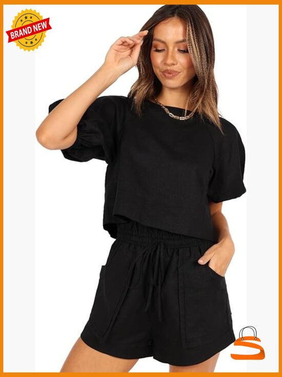Other - Cropped Linen Set, Short Sleeve Top & Shorts, Drawstring Waist